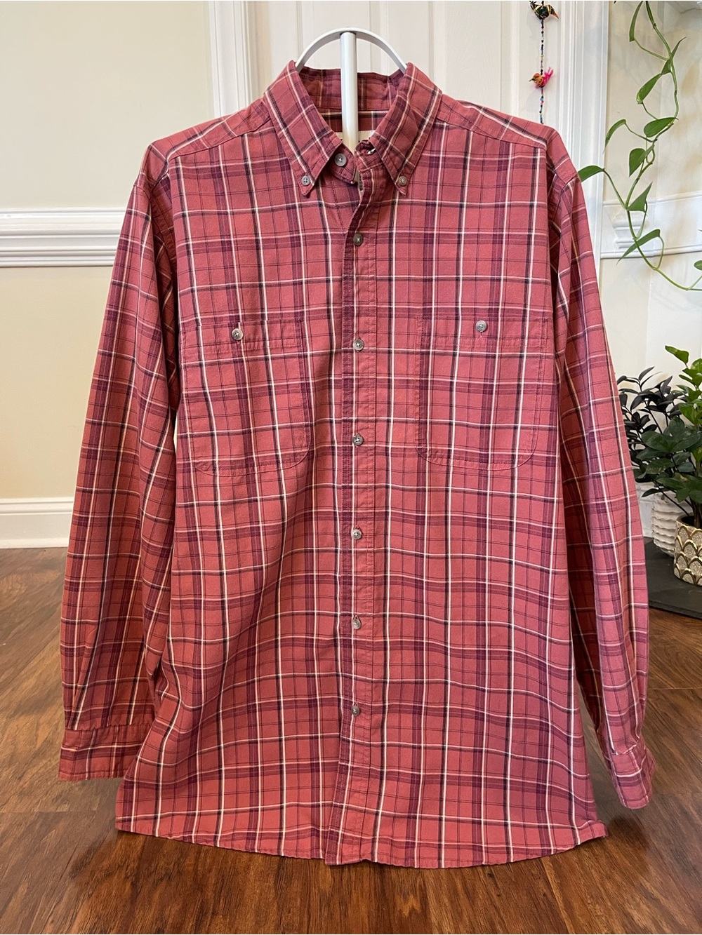 Wrangler Mens LT 16-16.5 Red Plaid Rugged Wear Long Sleeve Button Down Shirt